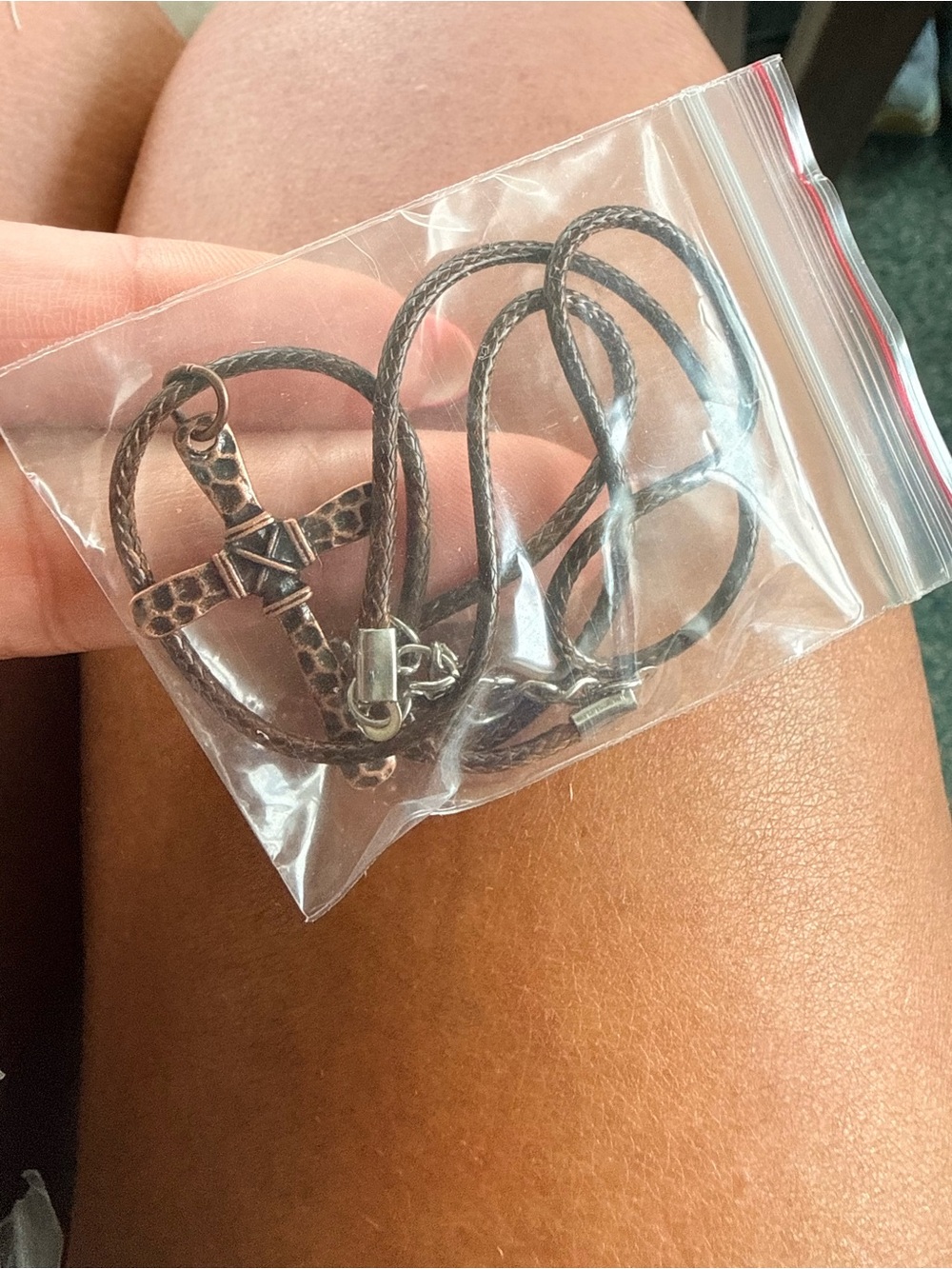 Braided Leather Cross Necklace - Dark Brown Copper Tone